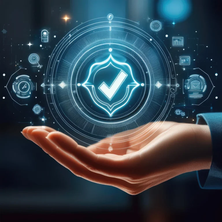 Hakkımızda 3 digital checkmark symbolizing success approval displayed open hand signifying technology assurance scaled kopya Hakkımızda