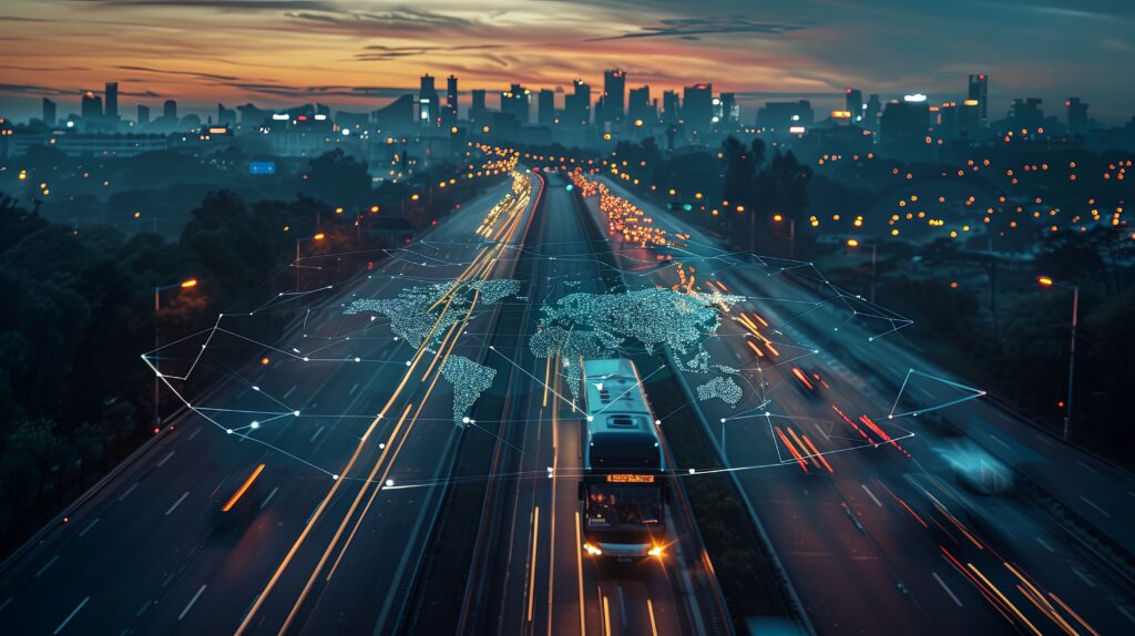city highway with bus global network overlay 5 Başlıkta Uluslararası Taşımacılıkta Dijitalleşme: Lojistikte Yeni Dönem