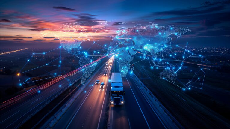 truck modern highway with global digital map dusk Akıllı Lojistik Çözümleri ile Maliyet Avantajı