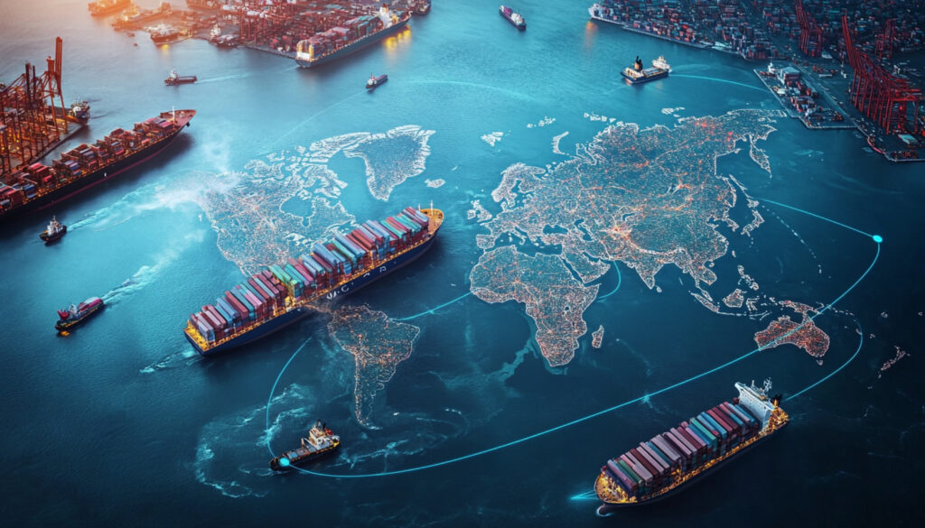 world map with many ships ship water Global Ticarette Türk Şirketleri: 2025’te Öne Çıkan Roller