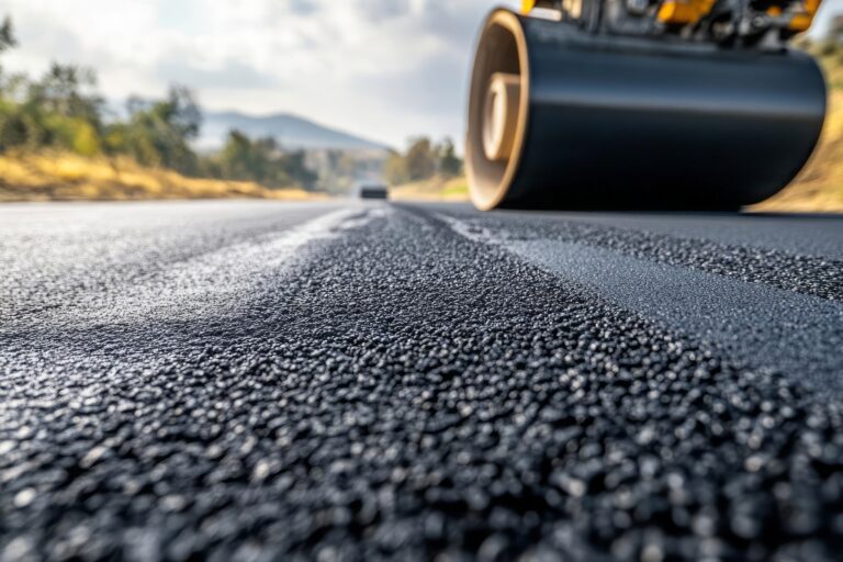 Asfalt Yollar Neden Bozulur? Dayanıklı Yol Yapımının 7 Sırrı 1 final stages asphalt paving with roller machine compacting surface Asfalt Yollar Neden Bozulur? Dayanıklı Yol Yapımının 7 Sırrı