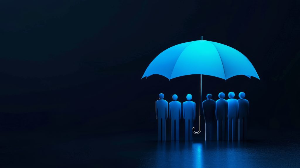 blue umbrella sheltering people figures dark symbolizing protection insurance Şirketler İçin Siber Risk Sigortası Neden Gerekli?