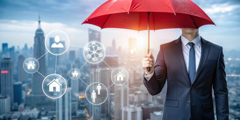 insurance concept businessman holding red umbrella falling rain with protect with icon business health financial life family accident logistics insurance city 9 Şirketler İçin Siber Risk Sigortası Neden Gerekli?