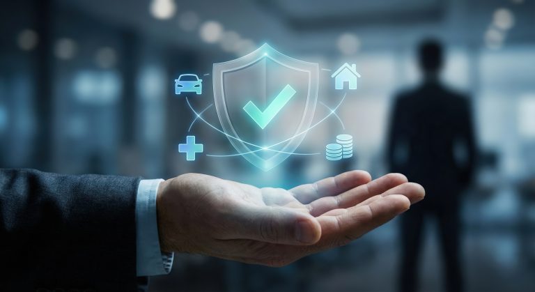 multiracial adult man suit indoors holding virtual protection shield icons representing insurance concept health house car finance with positive mood day Kurumsal Sigorta ile Risk Yönetimi Nasıl Güçlendirilir?