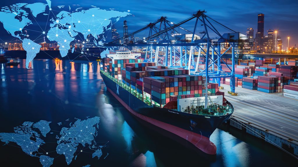 vibrant nighttime port scene with cargo city lights Uluslararası Ticarette En Büyük 5 Risk