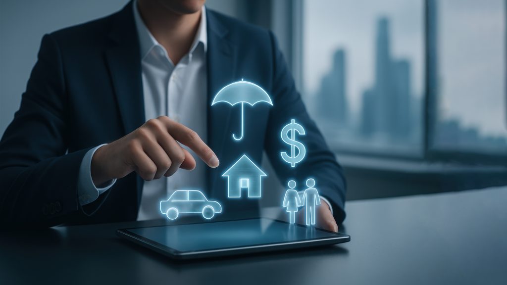 businessman interacts with tablet displaying floating financial icons with city skyline background bank safety protection 1 7 Maddede KOBİ'ler İçin En Önemli Sigorta Türleri